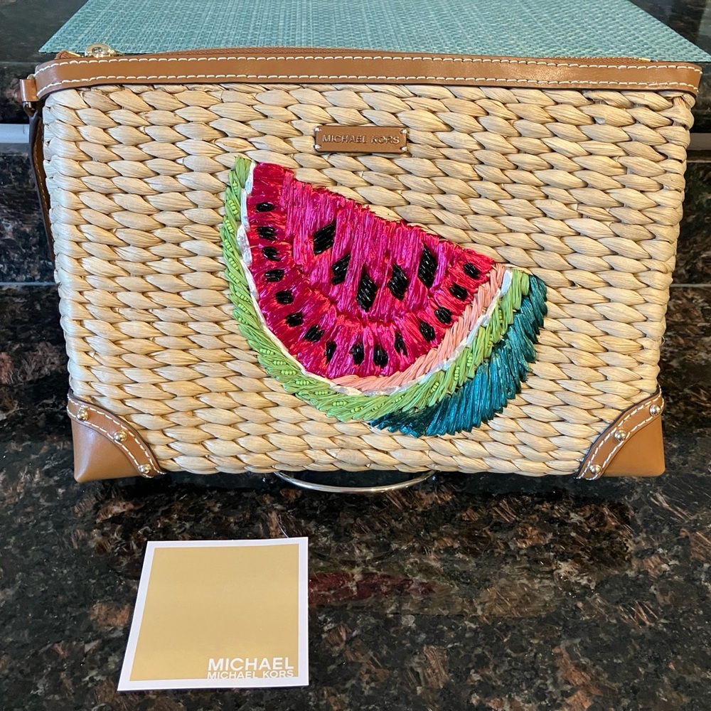 Michael Kors straw clutch with Watermelon Accent